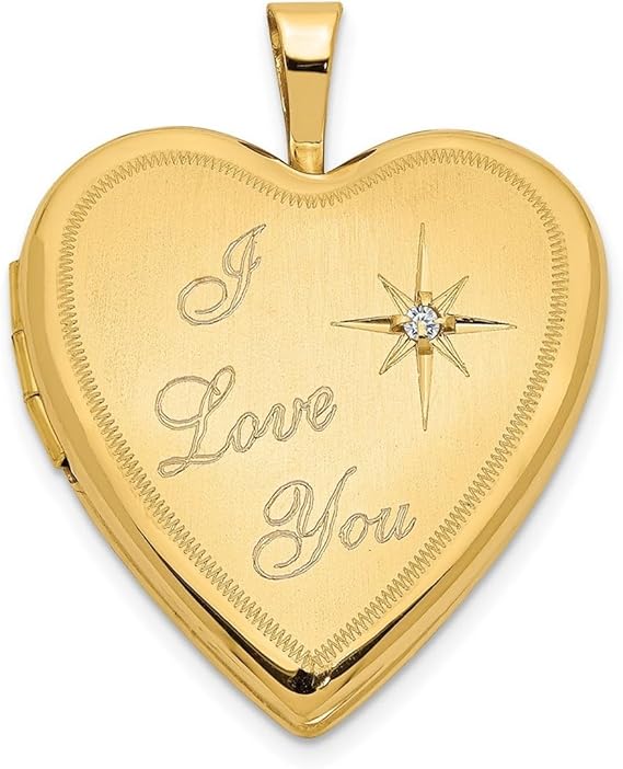 14 Karat Gelbgold, gravierbar, für 2 Fotos, poliert und satiniert, 20 mm, "I Love You" mit Diamant-Herz-Medaillon, Schmuck für Frauen, gold, Einheitsgröße
